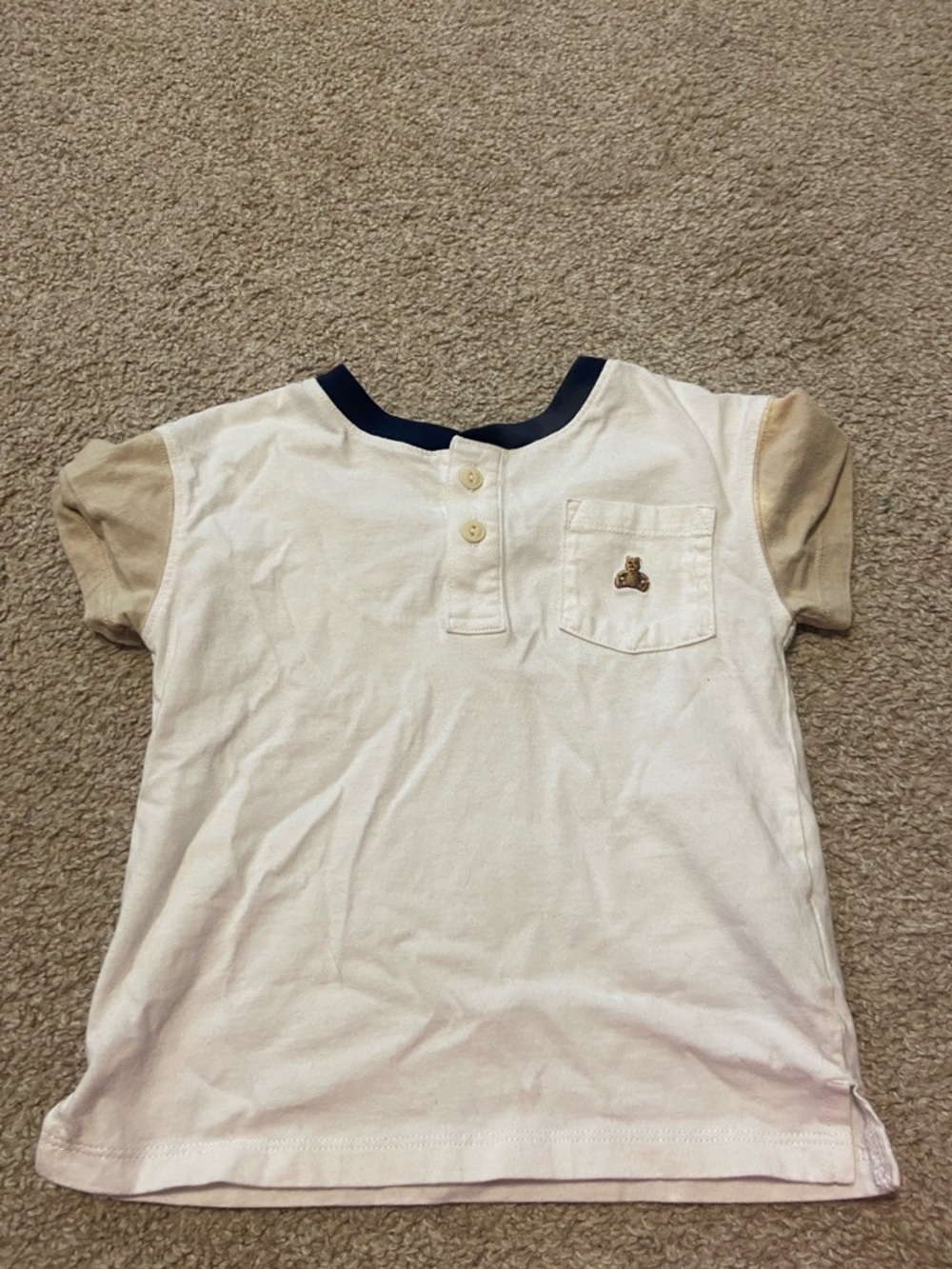 GAP White Henley Tee with Tan Sleeves and Navy Trim